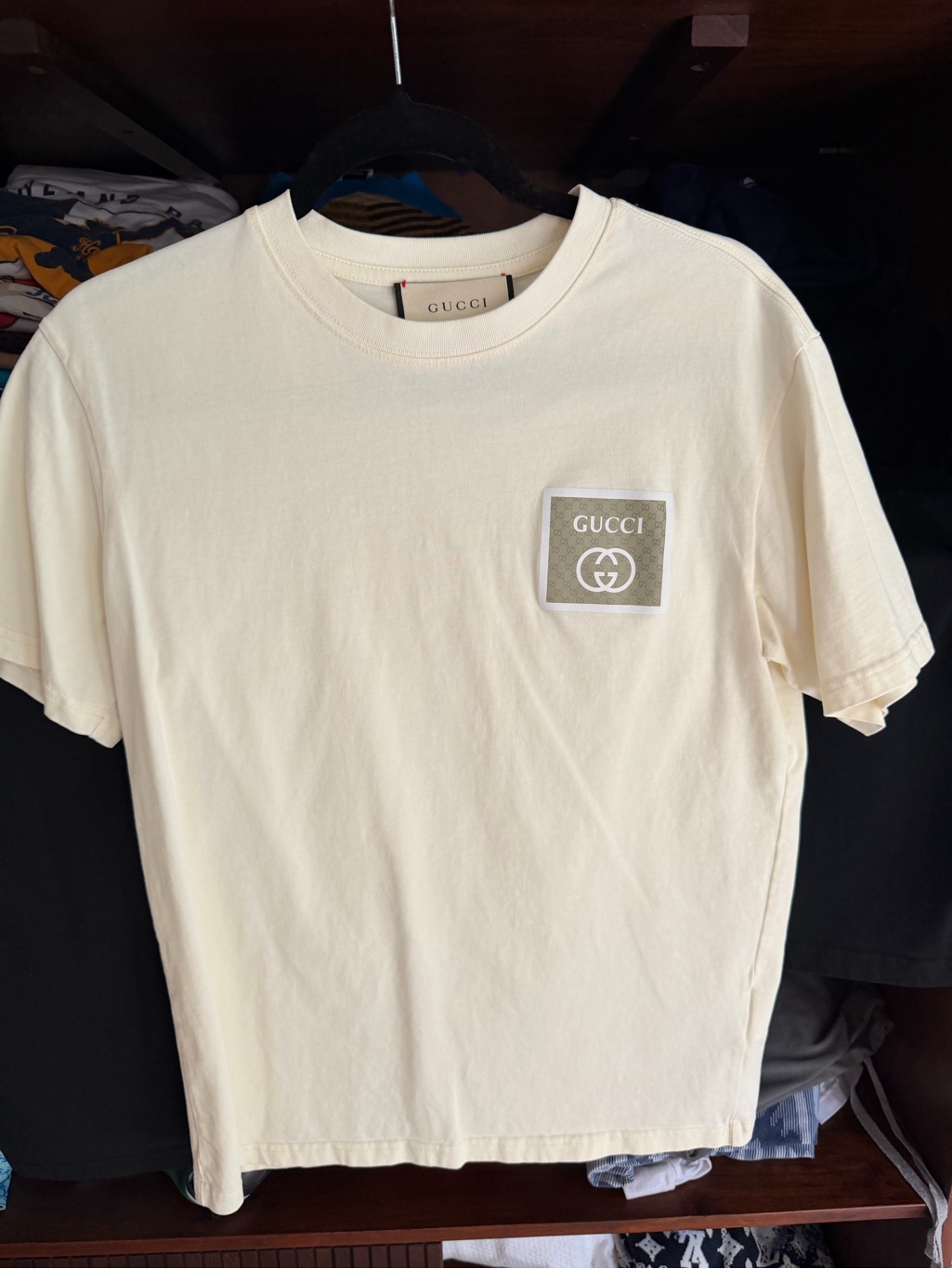 Gucci Menâs Cream Short-Sleeve Logo Patch Tee
